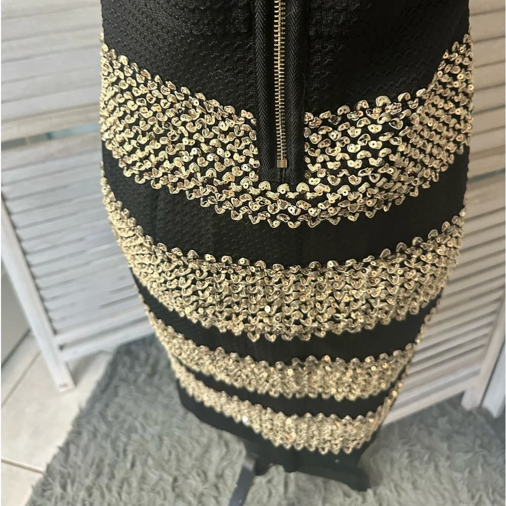 NEW•VENUS•XL• SHIMMER ON GORGEOUS BLACK & GOLD GLAM STRAPLESS BODY CON - Picture 8 of 16